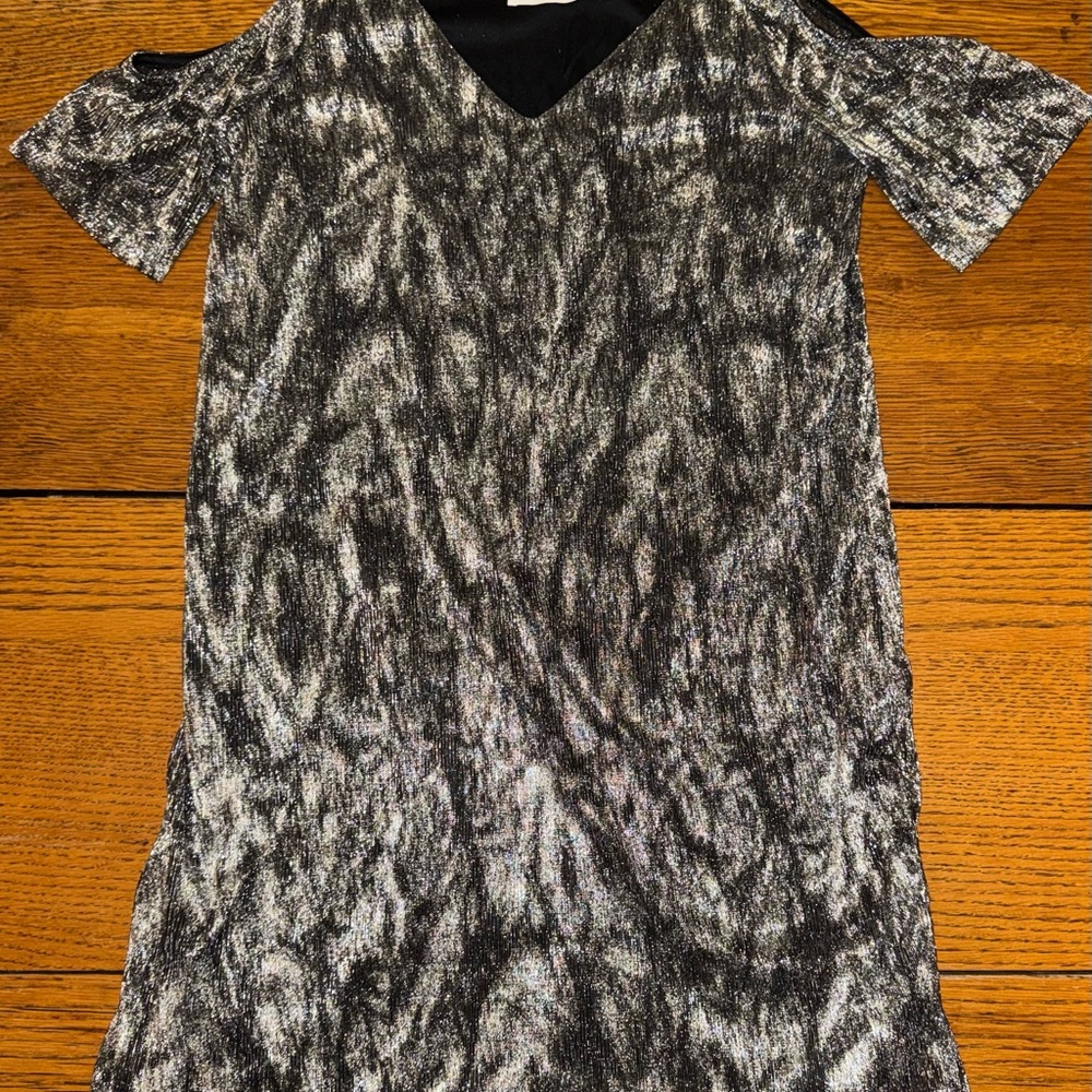 Mango MNG Black and Silver Shimmer Casual Dress Peek a Boo Flirty Shoulders